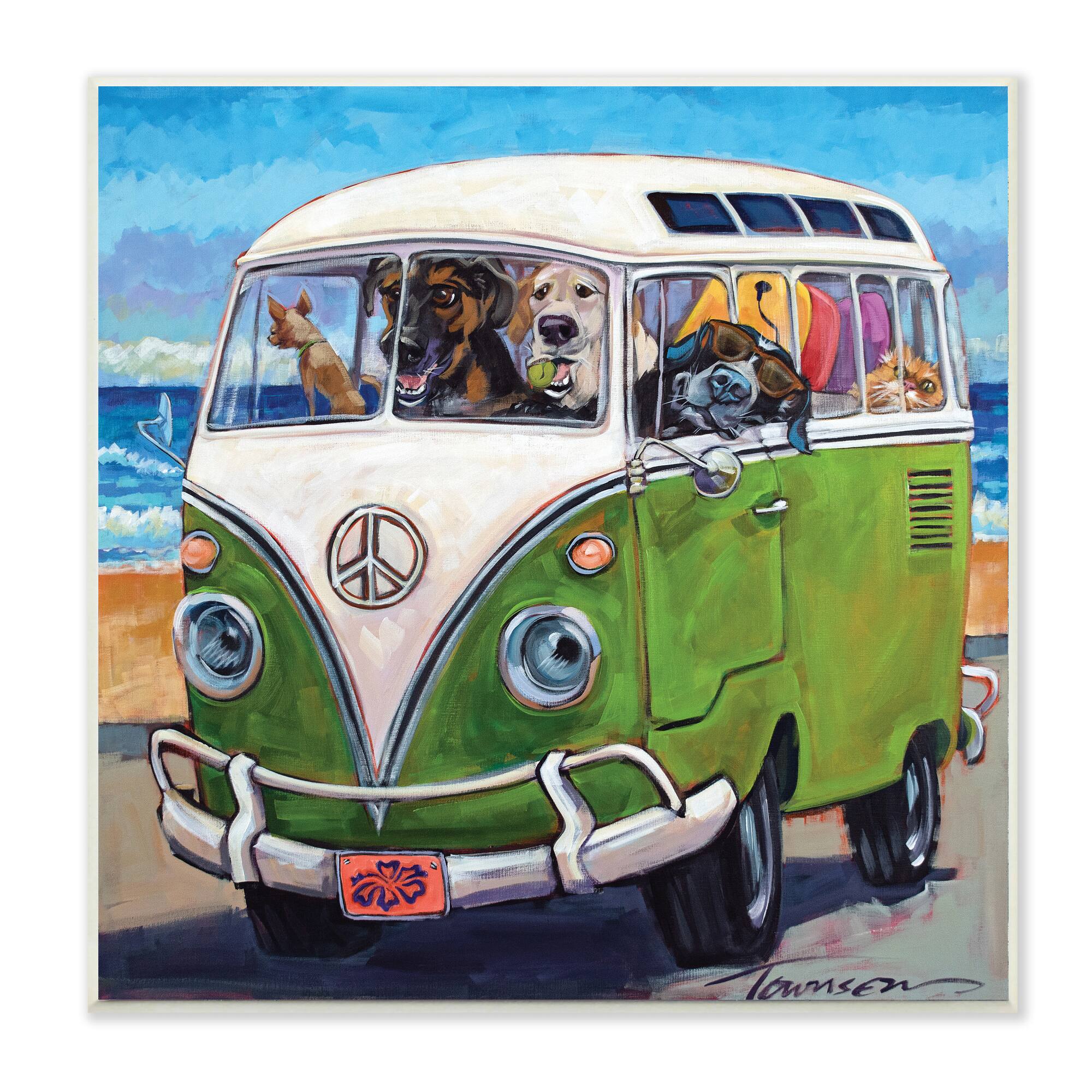 Stupell Industries Dogs Driving Retro Van Summer Beach Trip Wood Wall Plaque